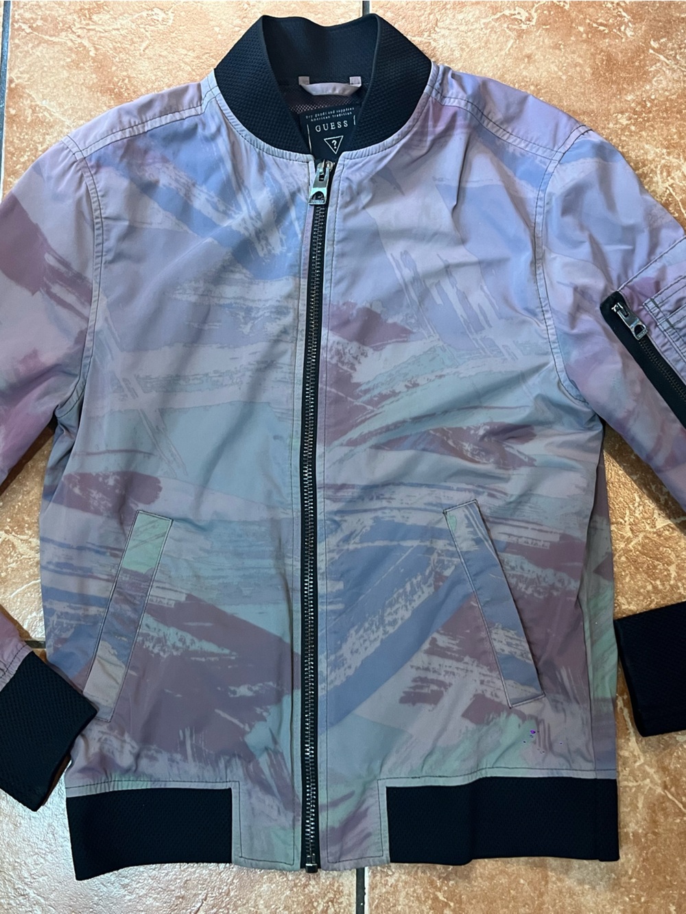 RARE Guess Exploded Brush Bomber/Wind Breaker Jacket Mesh Lining Womens Size XS